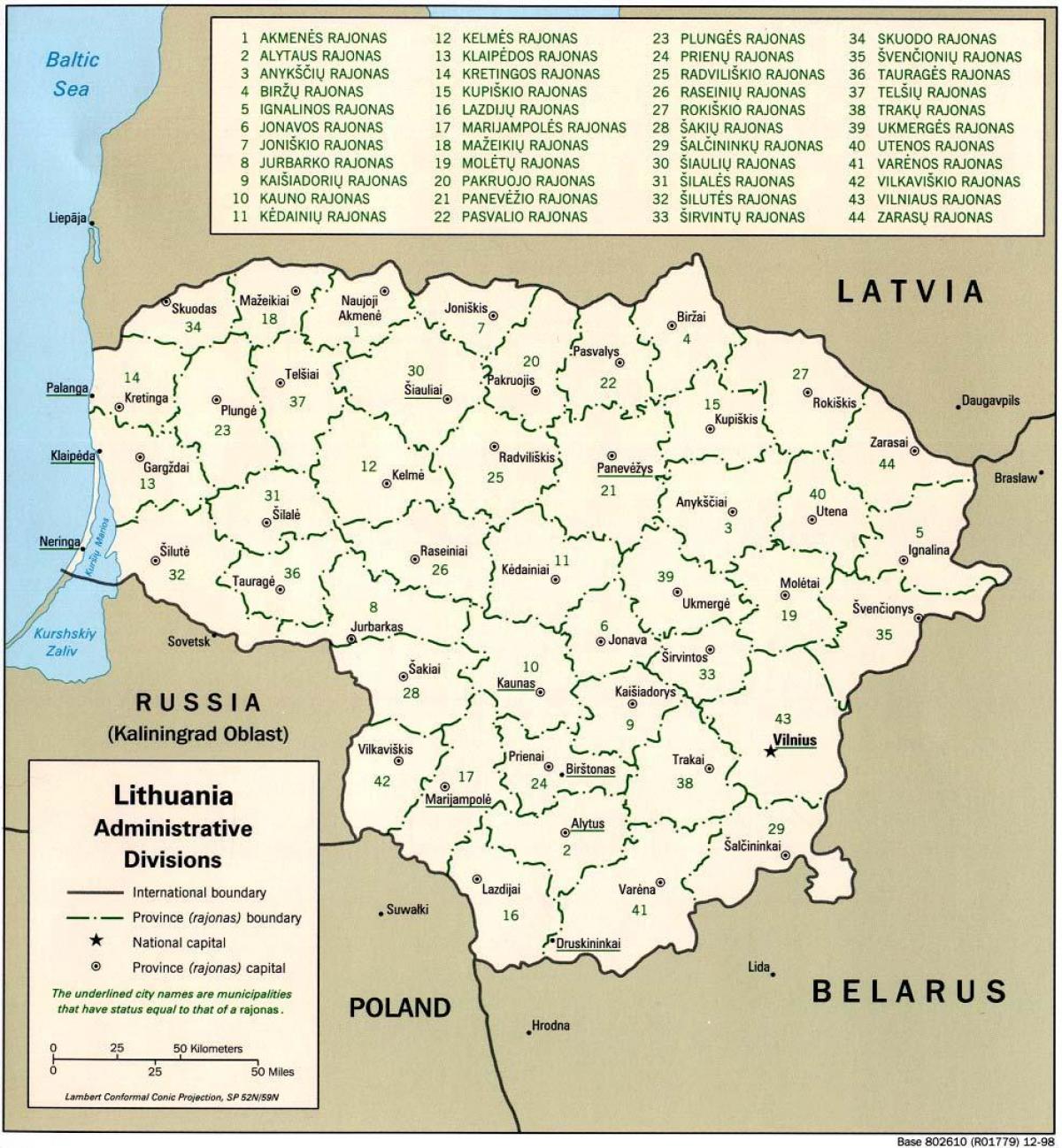 Мапа на мапата Литванија со градови
