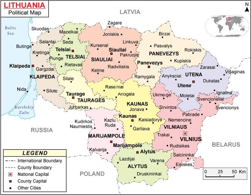 Карта на Литванија политички